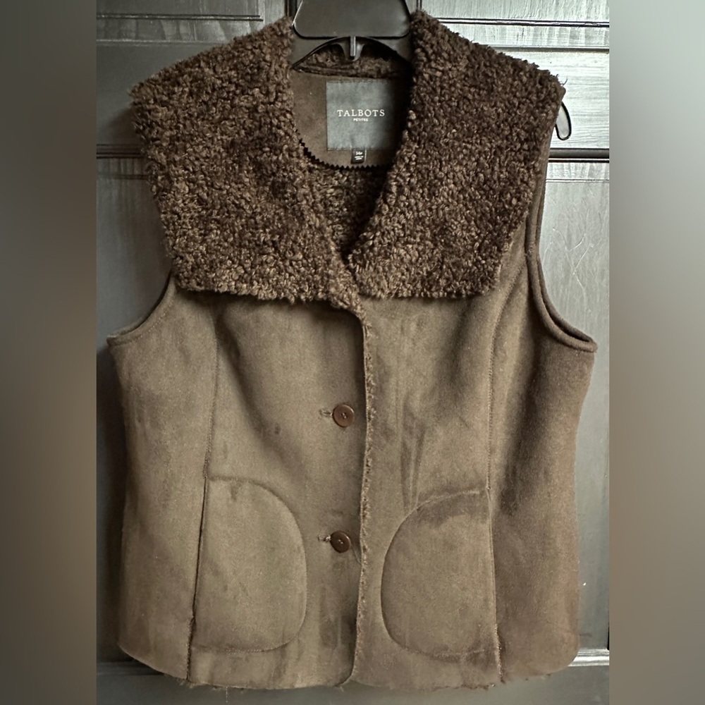 Talbots Petites Dark Brown Faux Suede & Faux Sherpa Vest Women’s Size 14P
